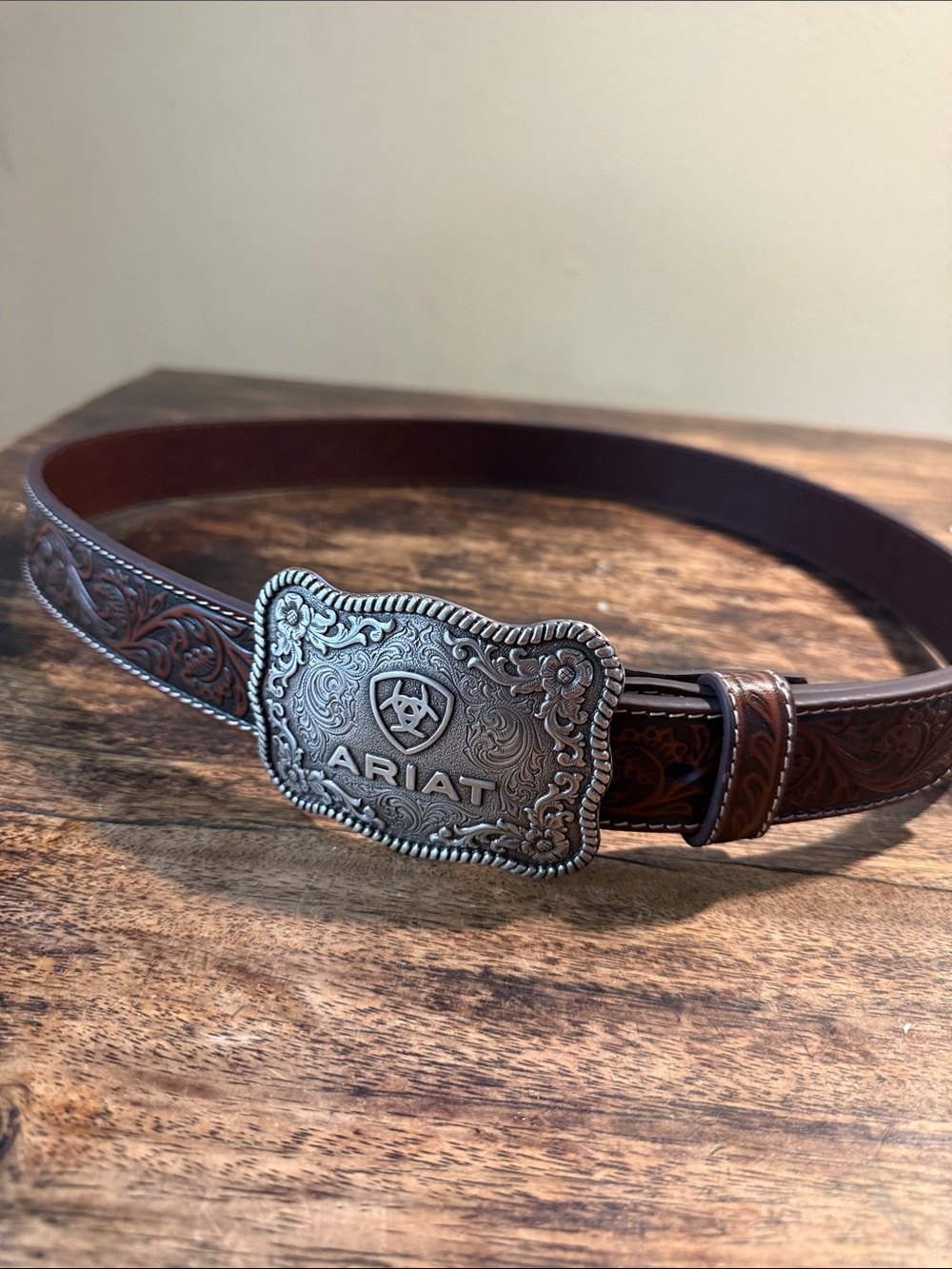 Ariat Brown Tooled Leather Belt with Silver Buckle